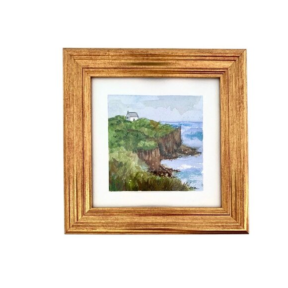 Other - Painting House on Cliff Signed Watercolor Coastal Nautical Miniature Decor Art